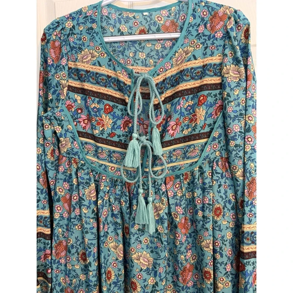 Y2K Blue Floral Tassel Tie Long Sleeve Cottage Bohemian Womens Midi Dress Sz M